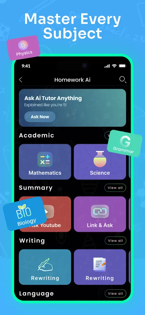 Ask AI Tutor feature covering math, physics, chemistry, and biology subjects